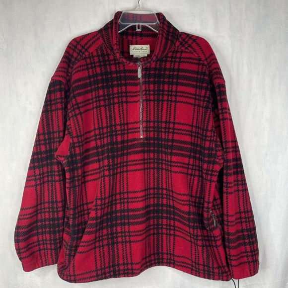 Eddie Bauer 1/4 zip Up Sweater Sweatshirt‎ Mens Large Red Black Plaid Fleece - Picture 1 of 10